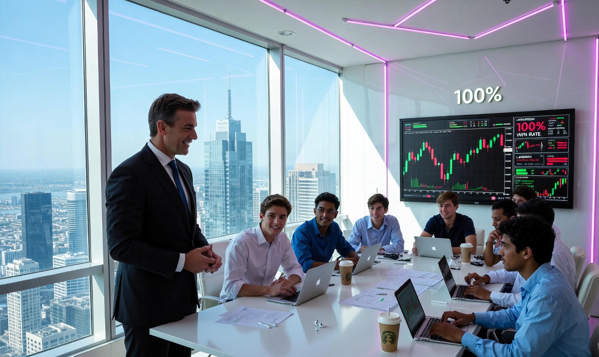 Pseudo-trader at the board explaining strategies to beginners